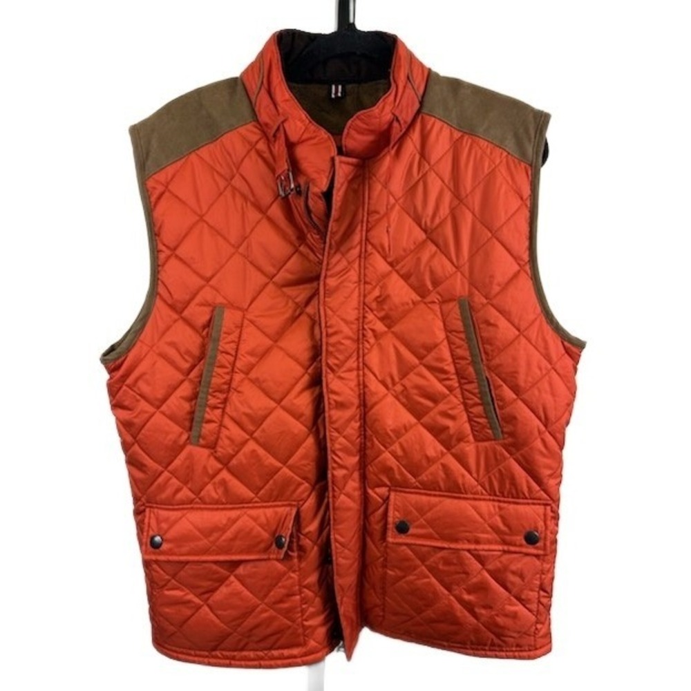 Tommy Hilfiger Puffer Vest Men's Size Large Orange Quilted Leather Suede Accents